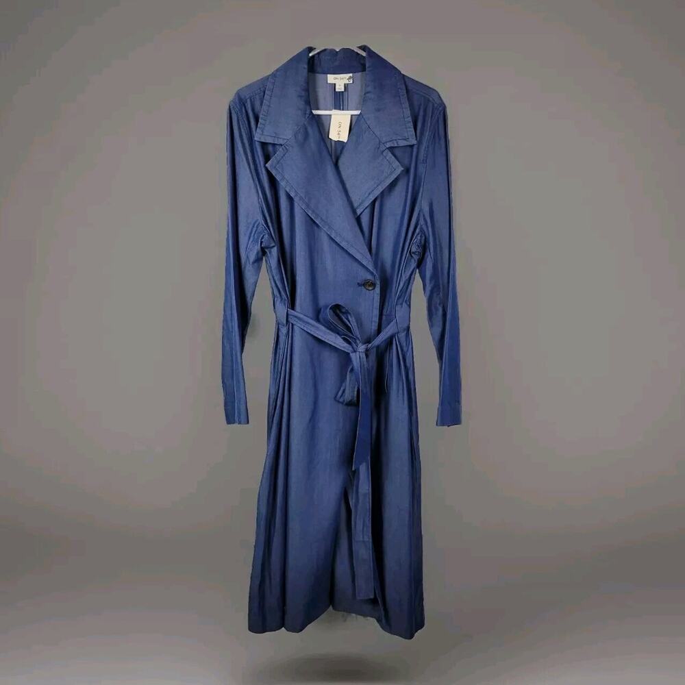 On 34th Indigo Blue Belted Button Up Chic Lyocell Long Trench Coat Women's XL